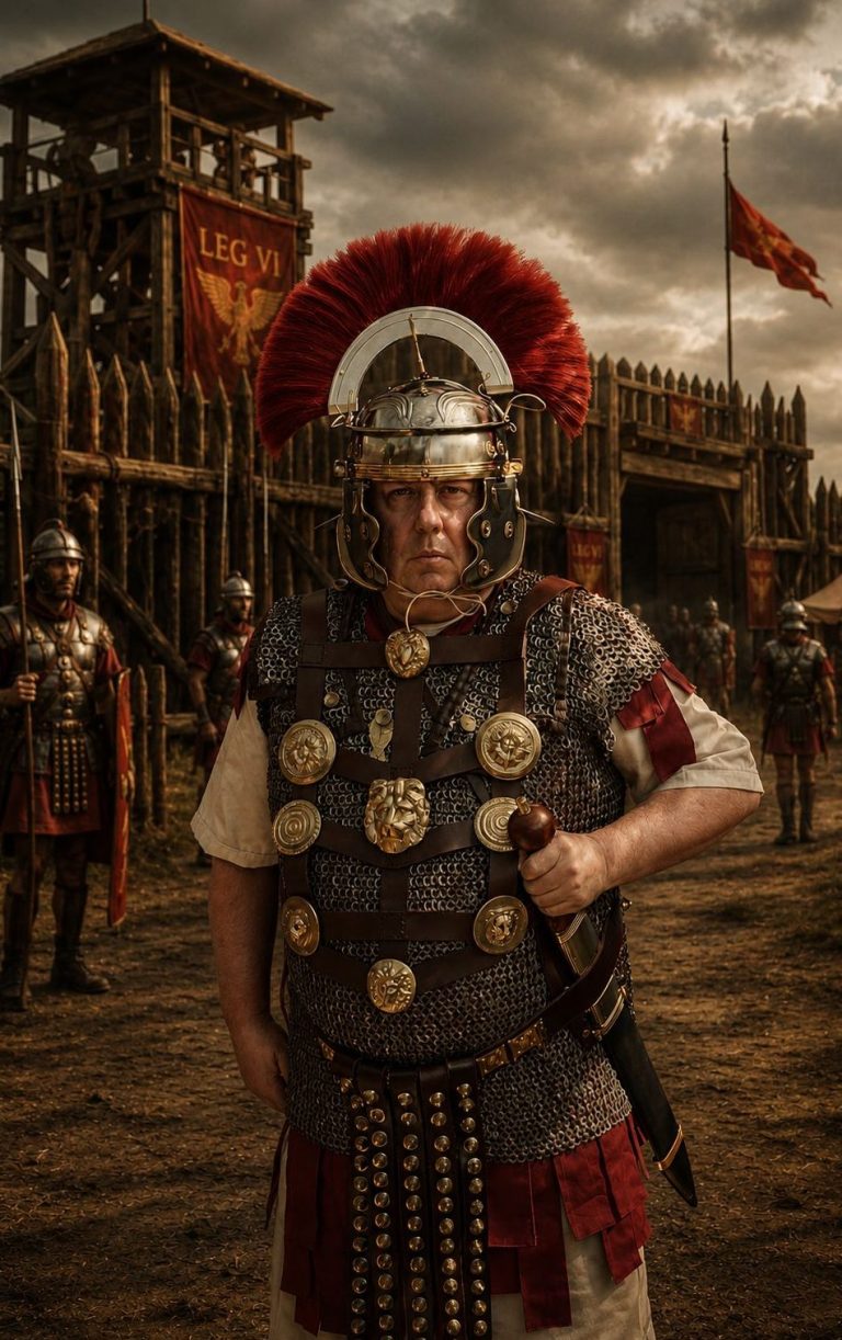 The Immersium - Roman Centurion A Roman Centurion in ornate armour stands proudly, with a fortress and other soldiers in the background.
