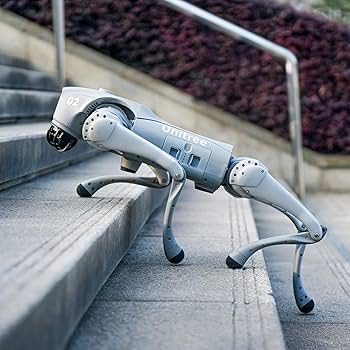 The Immersium | Robot Dog - Beeblebrox Robotic Dog climbing a flight of stairs.